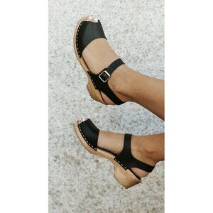 Lottas Black Leather Swedish Clogs Sandals With Wooden Sole Size 41EUR-9.5 USA
